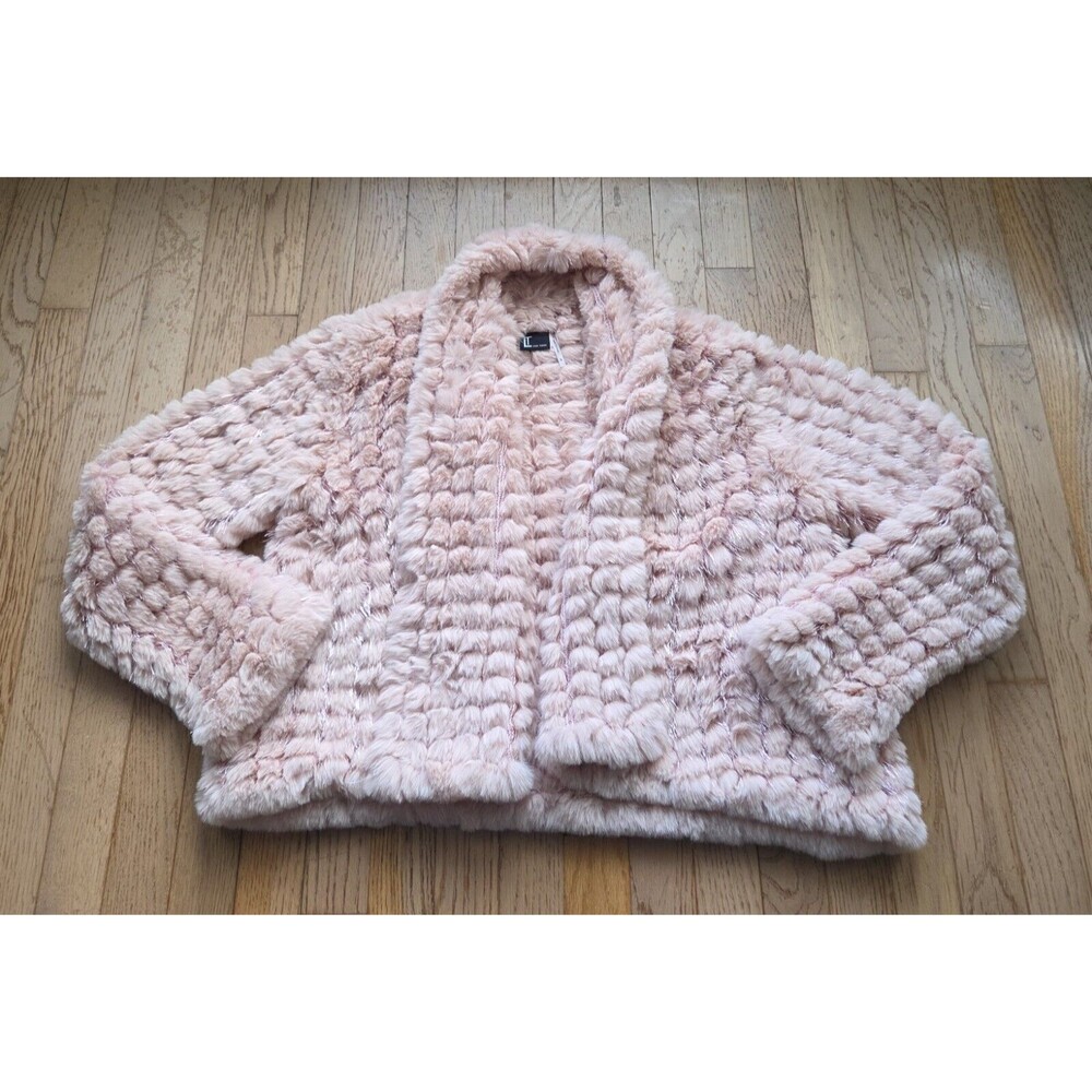 Love Token Light Pink Faux Fur Open Front Jacket Metallic Details Plush Small